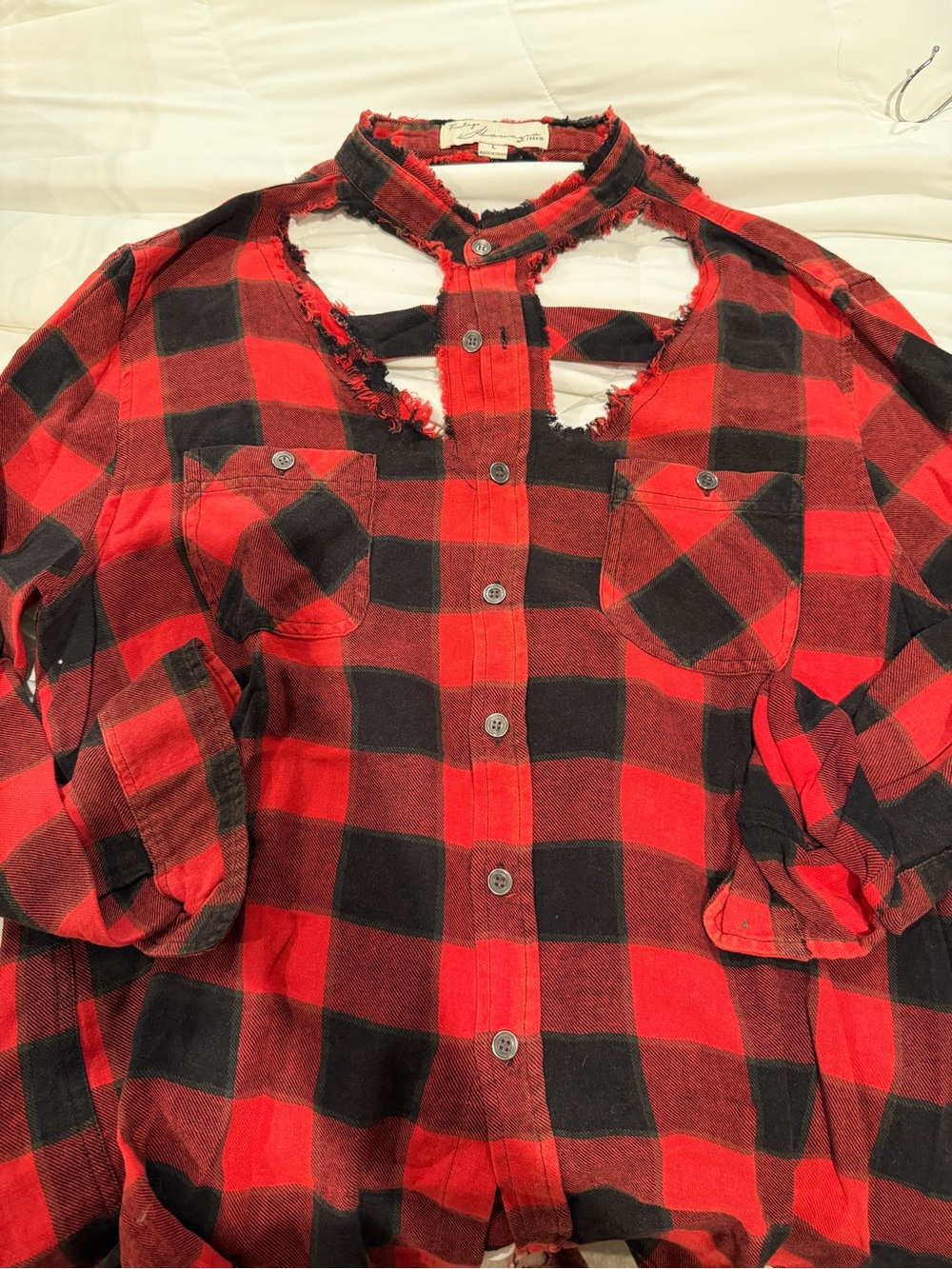Vintage Havana Red and Black Buffalo Plaid Distrssed Button Down Shirt